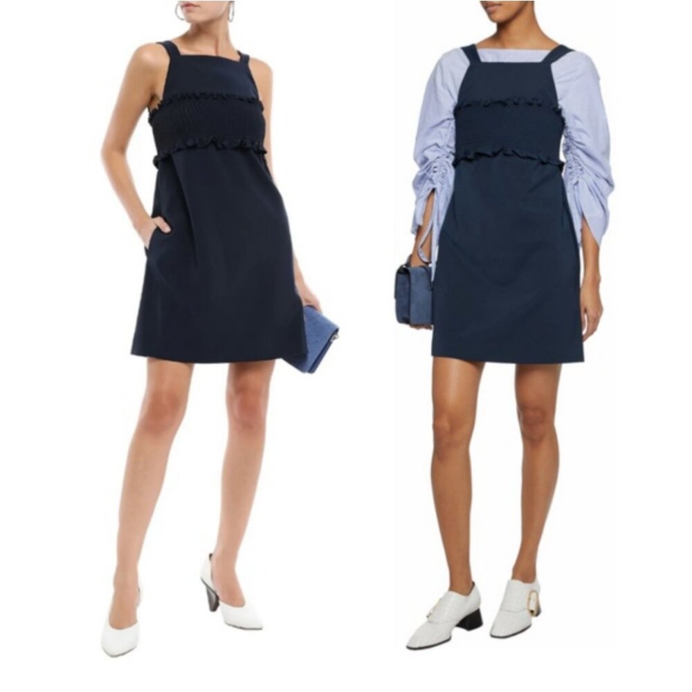 Anthropologie Tibi Ruffle Trimmed Cady Mini Dress Ruched Corset Pinafore Pockets - Picture 1 of 13